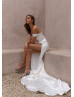 Ivory Satin Pearls Embellished Wedding Dress With Detachable Straps